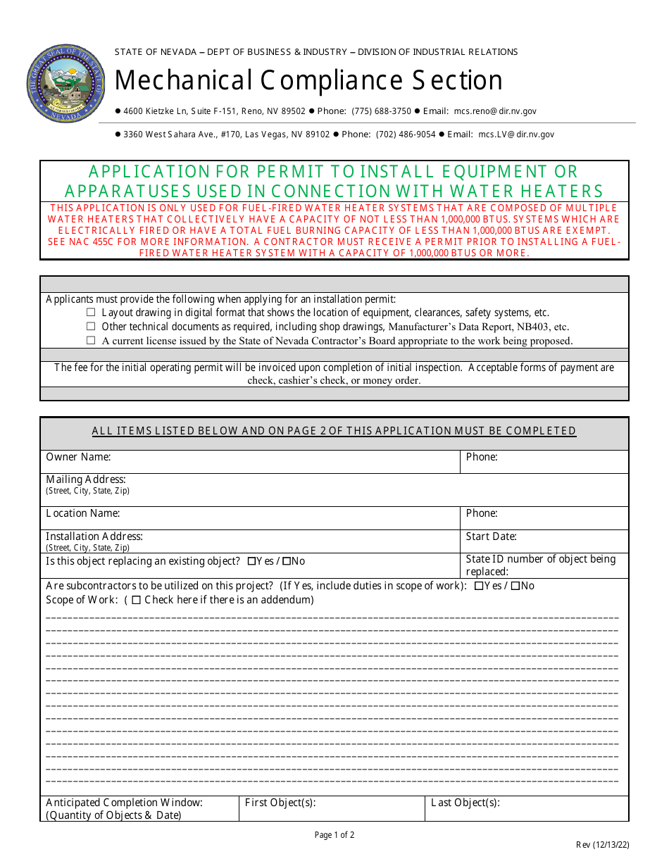 Nevada Application for Permit to Install Equipment or Apparatuses Used