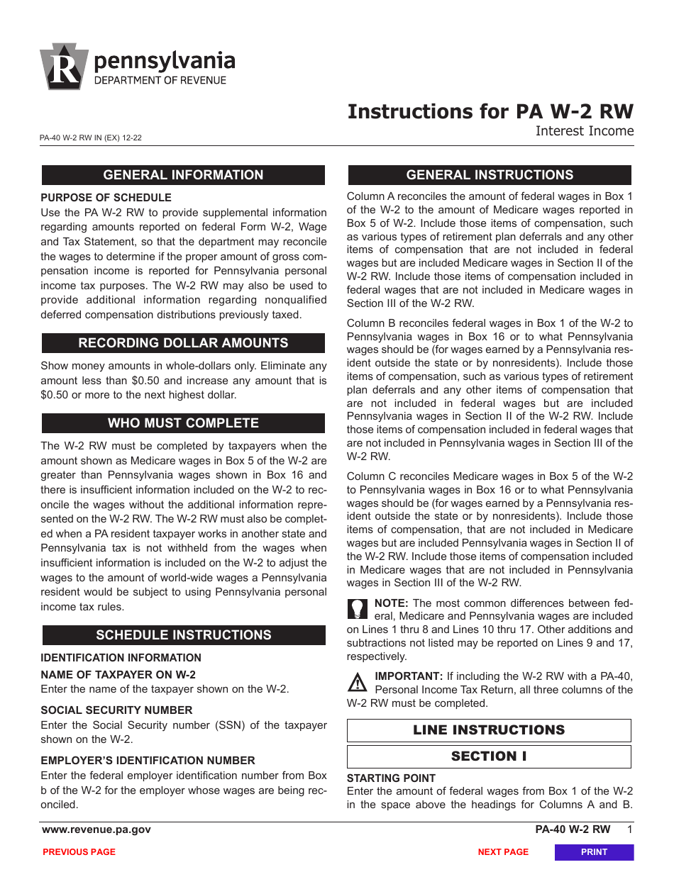 Form PA 40 W 2 RW Download Fillable PDF or Fill Online Pa W 2 Form PA 40 W 2 RW Download Fillable PDF or Fill Online Pa W 2