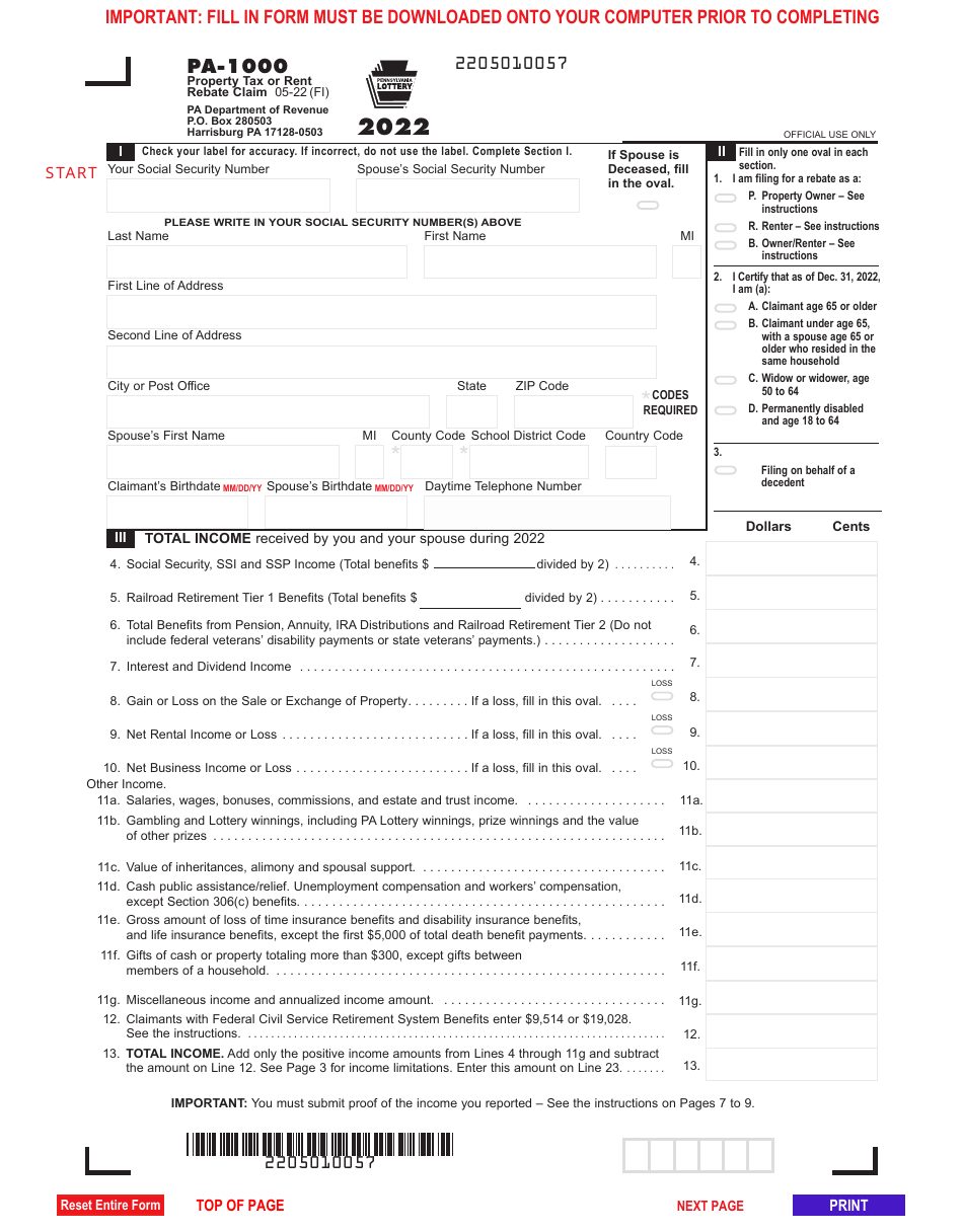 Form PA 1000 Download Fillable PDF Or Fill Online Property Tax Or Rent 
