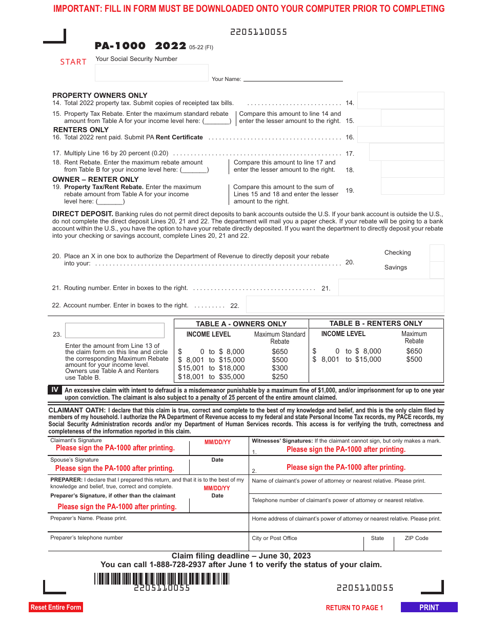 Form PA1000 Download Fillable PDF or Fill Online Property Tax or Rent