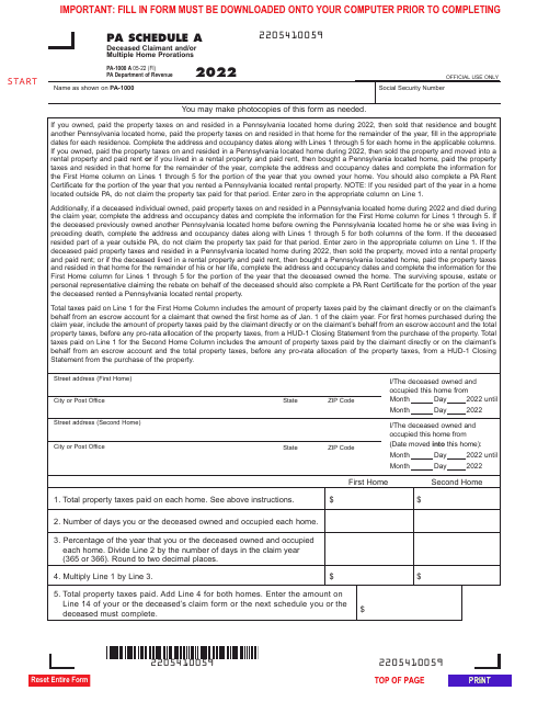 Form PA-1000 Schedule A Deceased Claimant and/or Multiple Home Prorations - Pennsylvania, 2022