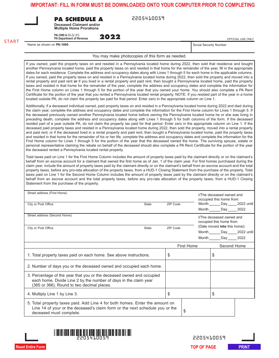 Form PA-1000 Schedule A Deceased Claimant and / or Multiple Home Prorations - Pennsylvania, Page 1