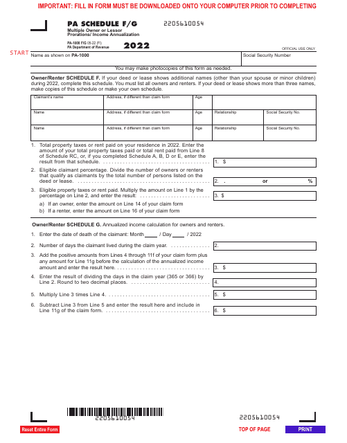 Form PA-1000 Schedule F/G Multiple Owner or Lessor Prorations/ Income Annualization - Pennsylvania, 2022