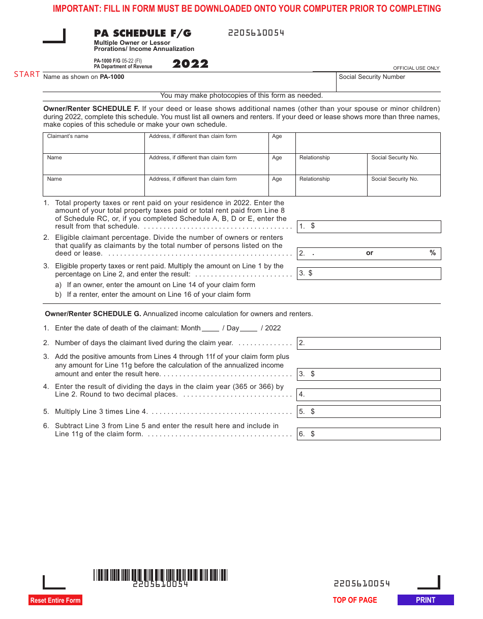 Form PA1000 Schedule F/G 2022 Fill Out, Sign Online and Download