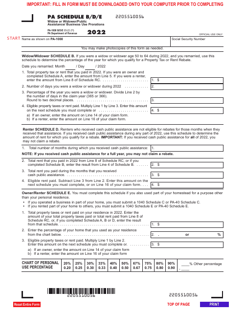 Form PA-1000 Schedule B/D/E Widow or Widower/Public Assistance/Business Use Prorations - Pennsylvania, 2022