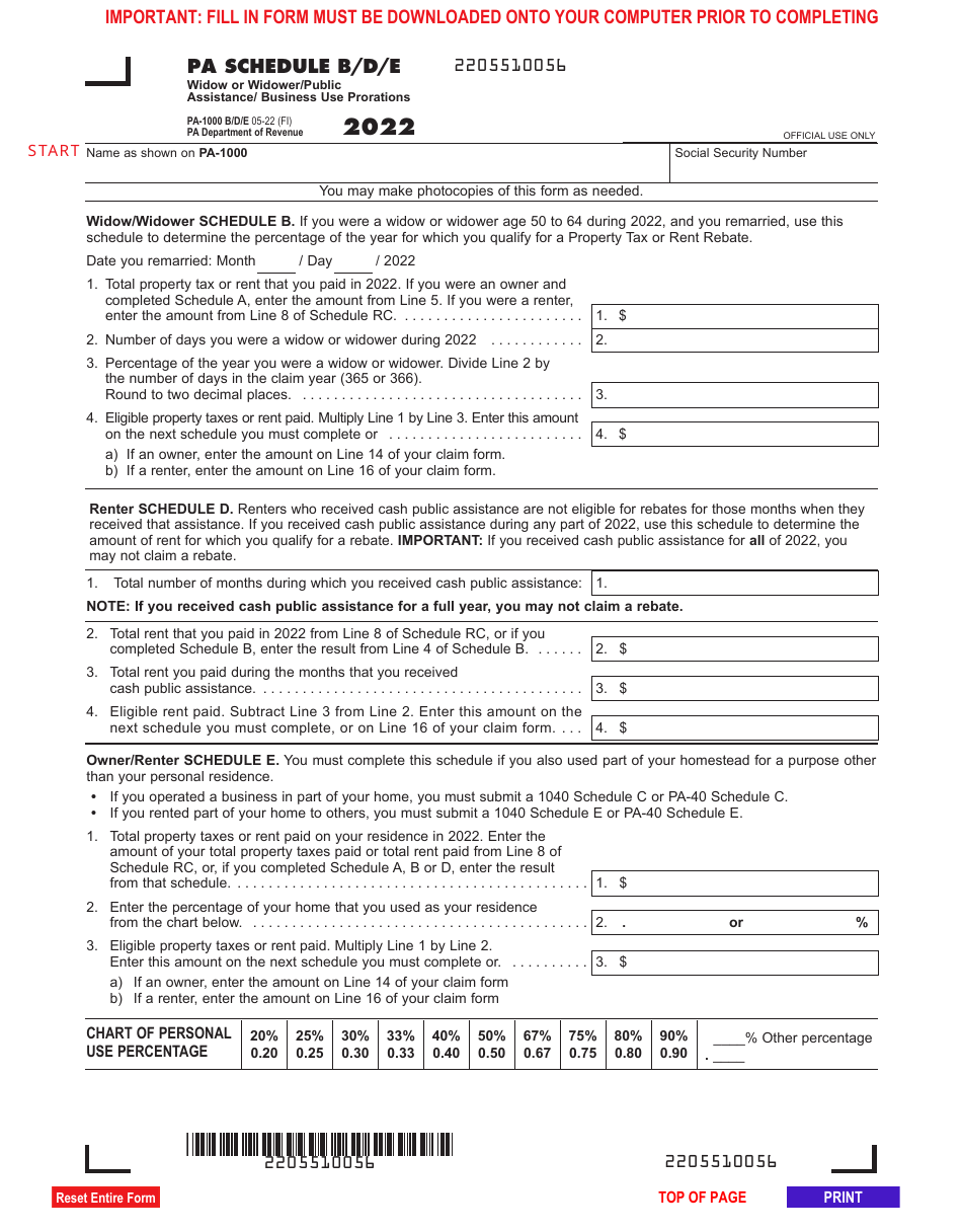 Form PA-1000 Schedule B / D / E Widow or Widower / Public Assistance / Business Use Prorations - Pennsylvania, Page 1