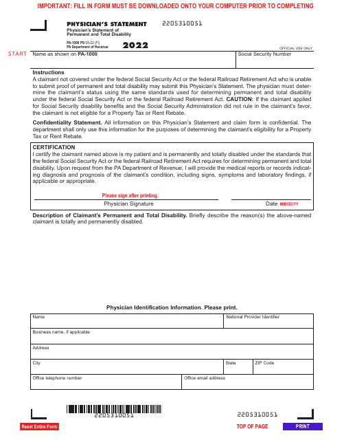Form PA-1000 PS Physician&#039;s Statement of Permanent and Total Disability - Pennsylvania, 2022