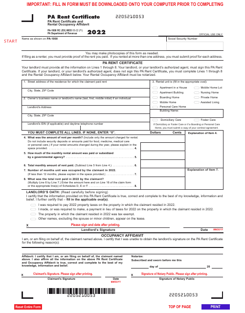 Form PA-1000 RC Pa Rent Certificate and Rental Occupancy Affidavit - Pennsylvania, 2022