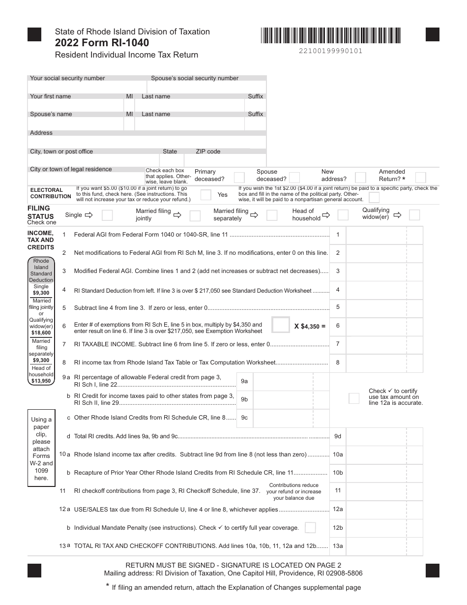 Form RI-1040 Resident Individual Income Tax Return - Rhode Island, Page 1