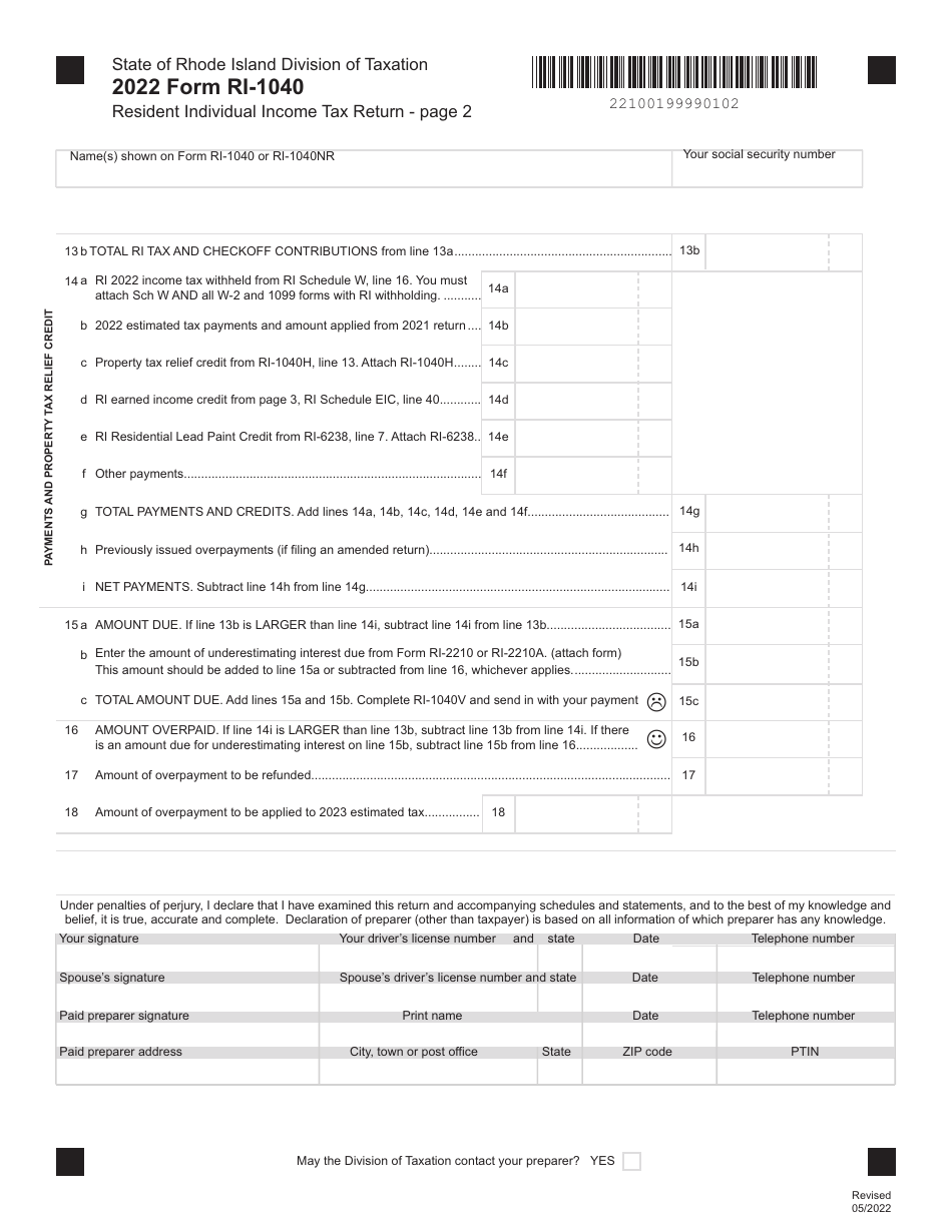 Form RI-1040 Resident Individual Income Tax Return - Rhode Island, Page 2