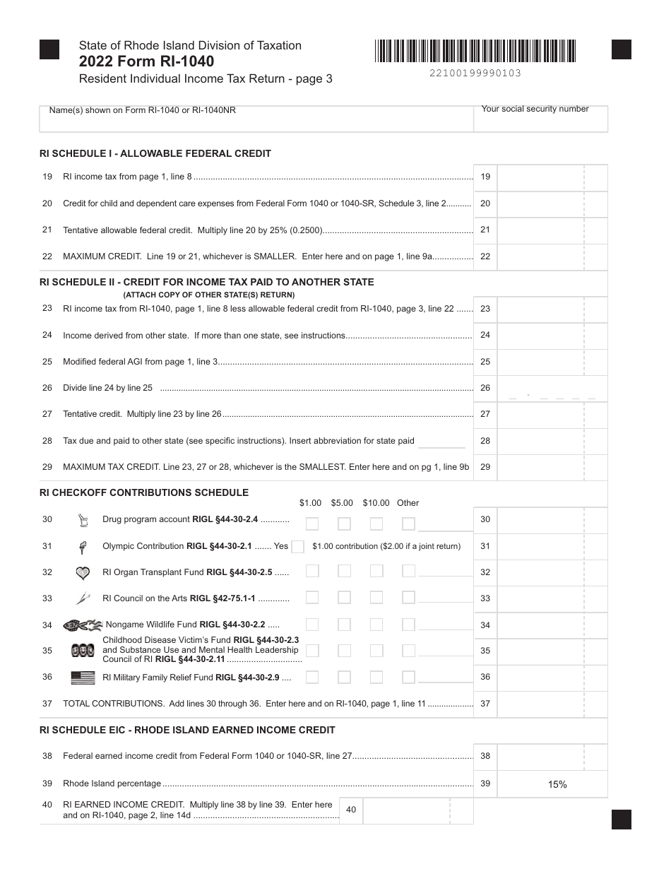 Form RI-1040 Resident Individual Income Tax Return - Rhode Island, Page 3