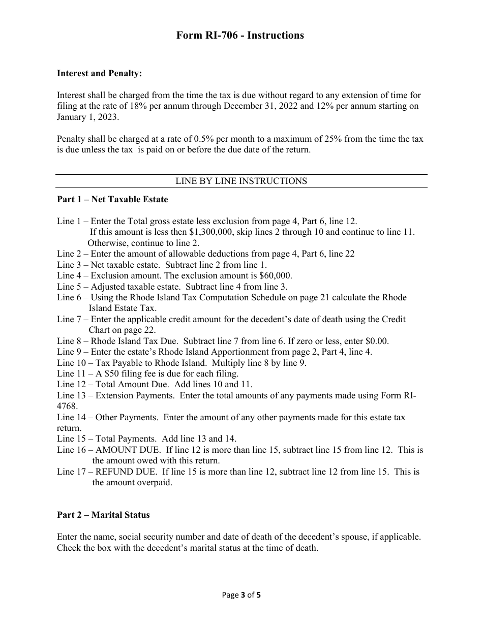 Instructions for Form RI-706 Estate Tax Return - Date of Death on or After 1 / 1 / 2015 - Rhode Island, Page 3