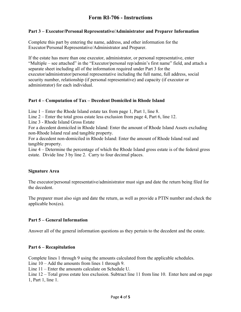 Instructions for Form RI-706 Estate Tax Return - Date of Death on or After 1 / 1 / 2015 - Rhode Island, Page 4