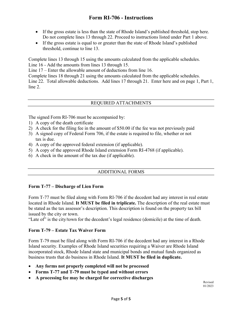 Instructions for Form RI-706 Estate Tax Return - Date of Death on or After 1 / 1 / 2015 - Rhode Island, Page 5