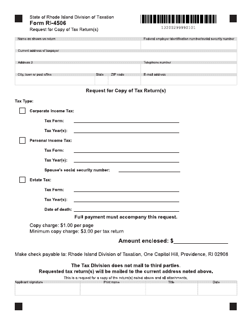 Form RI-4506 Request for Copy of Tax Return(S) - Rhode Island