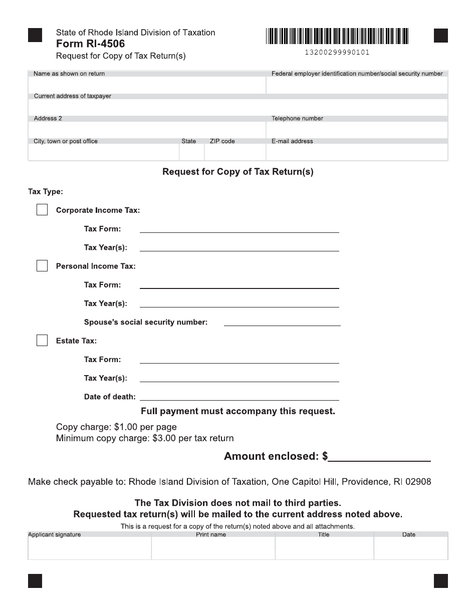Form RI-4506 Request for Copy of Tax Return(S) - Rhode Island, Page 1