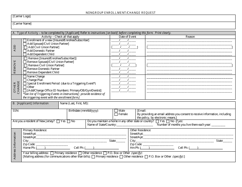 Non-group Enrollment / Change Request - New Jersey Download Pdf