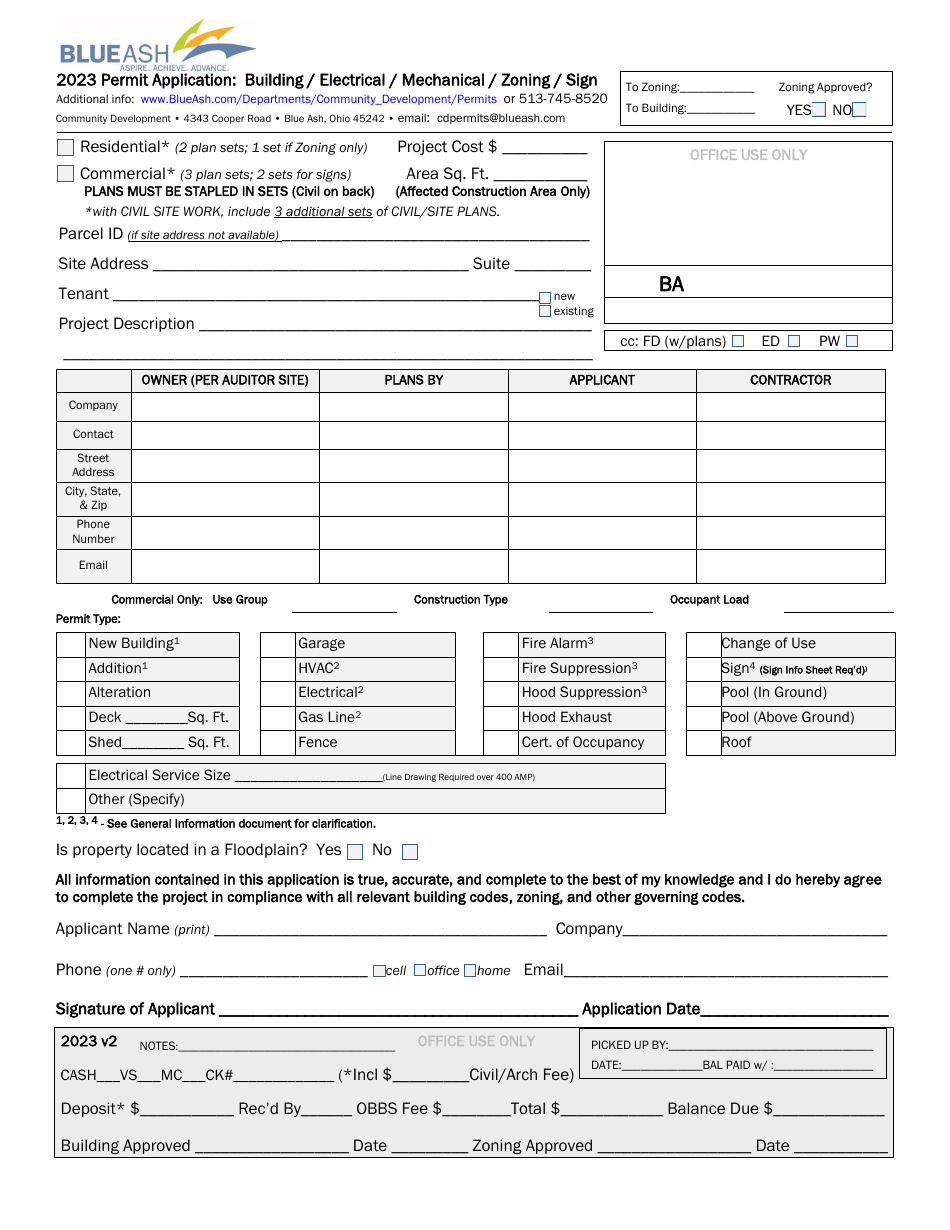 Permit Application: Building / Electrical / Mechanical / Zoning / Sign - City of Blue Ash, Ohio, Page 1