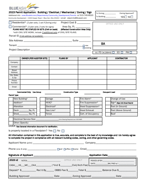 Permit Application: Building/Electrical/Mechanical/Zoning/Sign - City of Blue Ash, Ohio, 2023