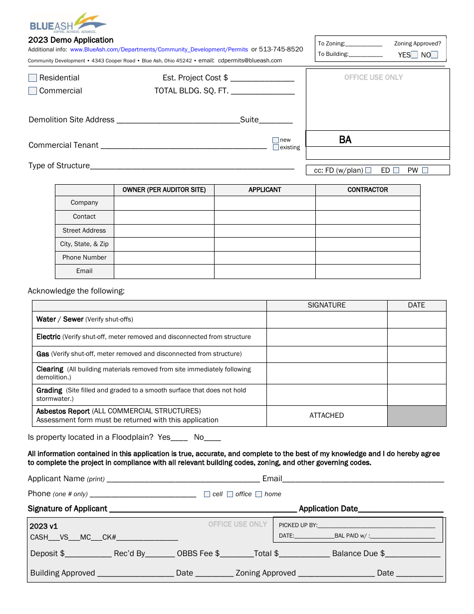 2023 City of Blue Ash, Ohio Demolition Permit Application - Fill Out ...