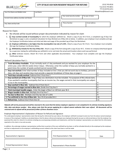 Non-resident Request for Refund - City of Blue Ash, Ohio Download Pdf