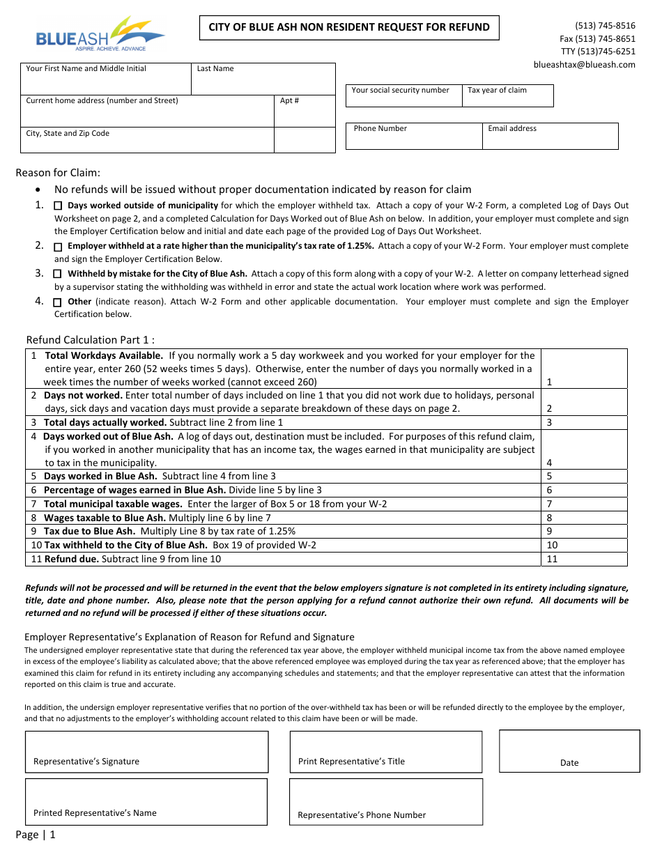 City of Blue Ash, Ohio Nonresident Request for Refund Fill Out, Sign