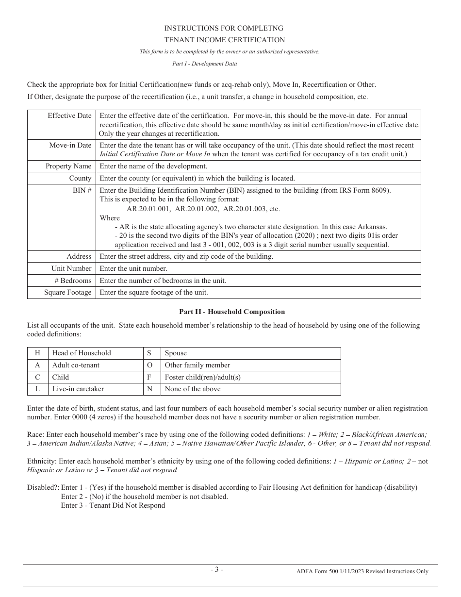 ADFA Form 500 Tenant Income Certification - Arkansas, Page 3