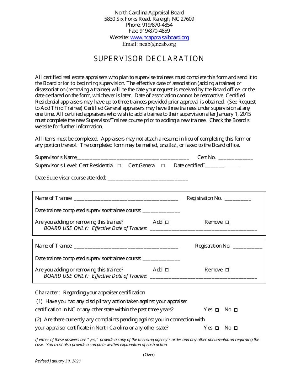 Supervisor Declaration - North Carolina, Page 1