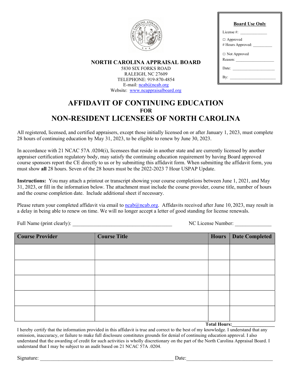 Affidavit of Continuing Education for Non-resident Licensees of North Carolina - North Carolina, Page 1