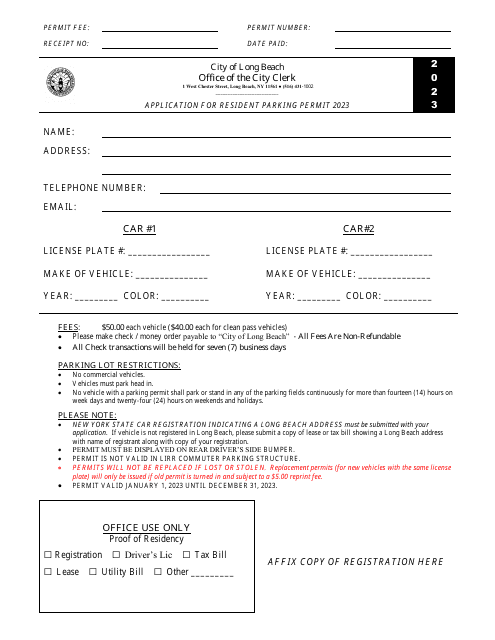 Application for Resident Parking Permit - City of Long Beach, New York Download Pdf