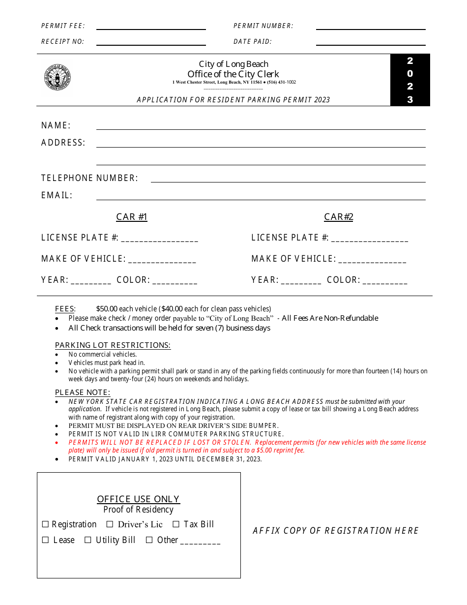 2023 City of Long Beach, New York Application for Resident Parking