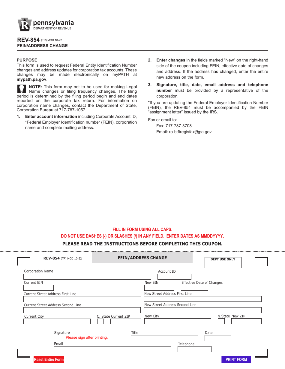 Form REV854 Download Fillable PDF or Fill Online Fein/Address Change