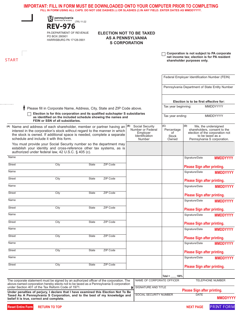 Form REV976 Download Fillable PDF or Fill Online Election Not to Be Taxed as a Pennsylvania S