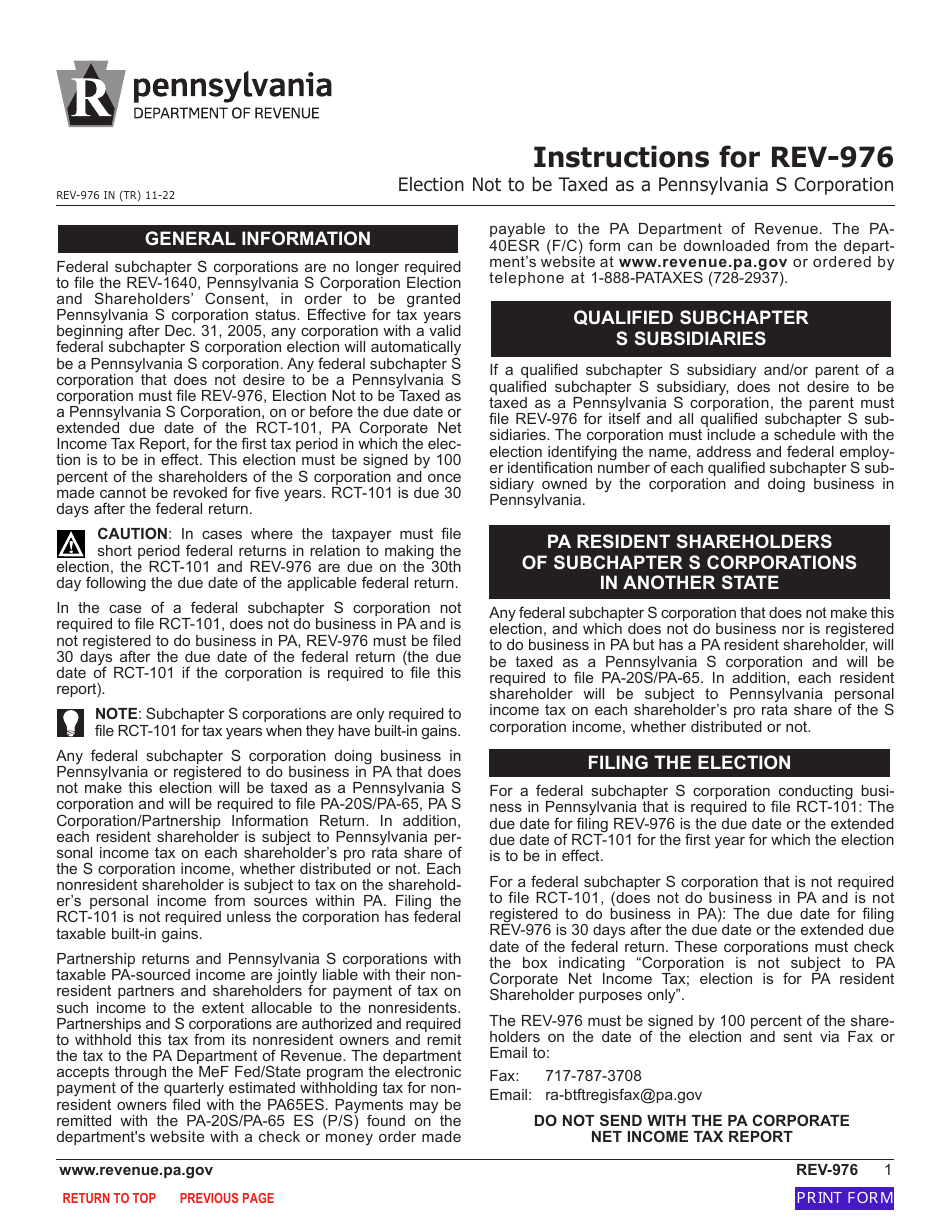Form REV-976 Election Not to Be Taxed as a Pennsylvania S Corporation - Pennsylvania, Page 3
