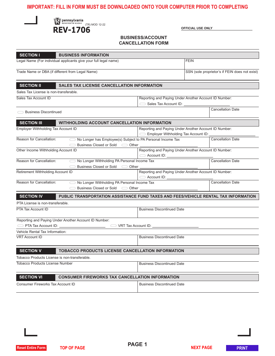Form REV-1706 Business / Account Cancellation Form - Pennsylvania, Page 1