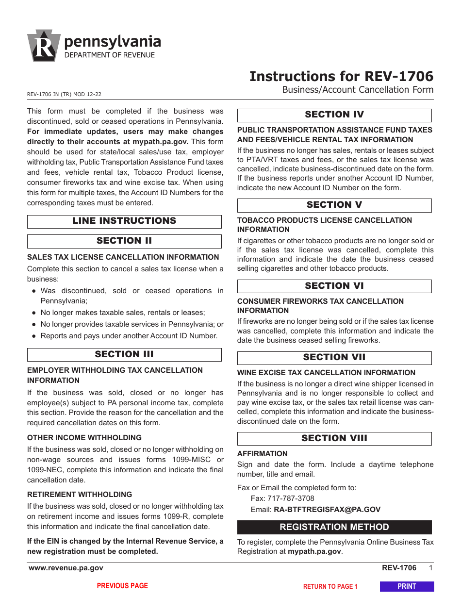 Form REV-1706 Business / Account Cancellation Form - Pennsylvania, Page 3