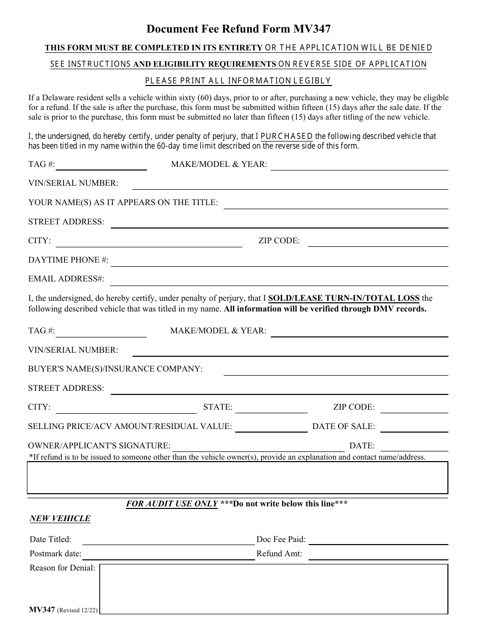 Form MV347 Document Fee Refund Form - Delaware, Page 1