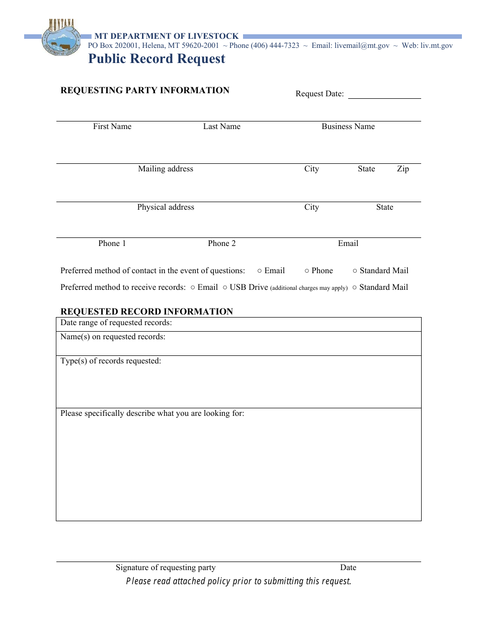 Montana Public Record Request Download Fillable PDF | Templateroller