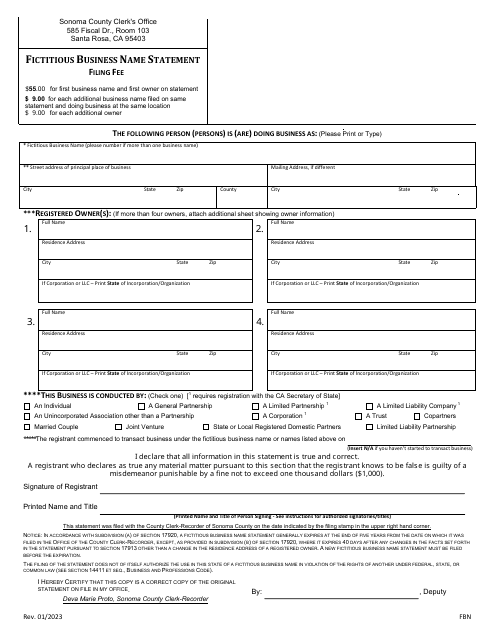 Online Replacement Fictitious Business Name Form - Sonoma County, California Download Pdf