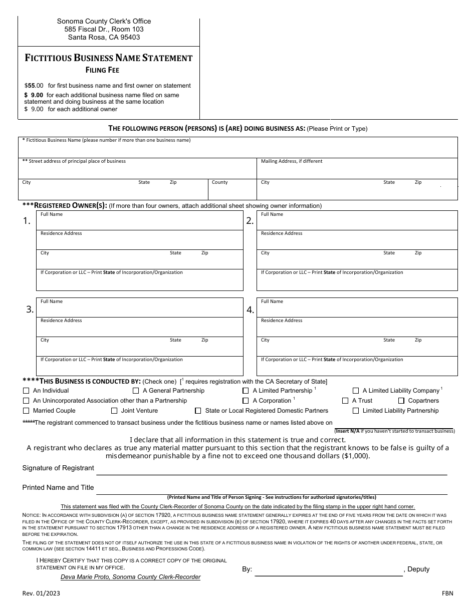 Online Replacement Fictitious Business Name Form - Sonoma County, California, Page 1