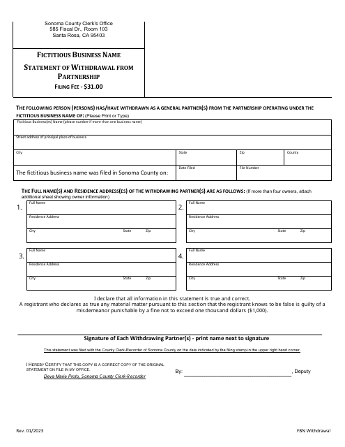 Fictitious Business Name Statement of Withdrawal From Partnership - Sonoma County, California Download Pdf