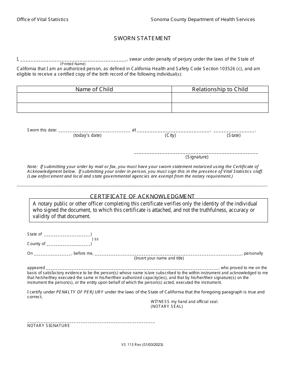 Form VS113 Application for Certified Copy of Birth Records - Sonoma County, California, Page 2