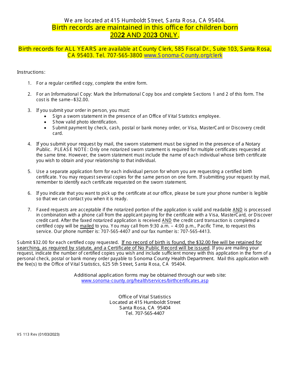 Form VS113 Application for Certified Copy of Birth Records - Sonoma County, California, Page 3
