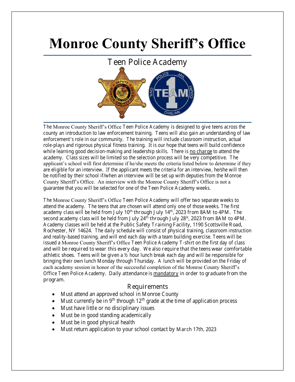 Teen Police Academy Application - Monroe County, New York, Page 1