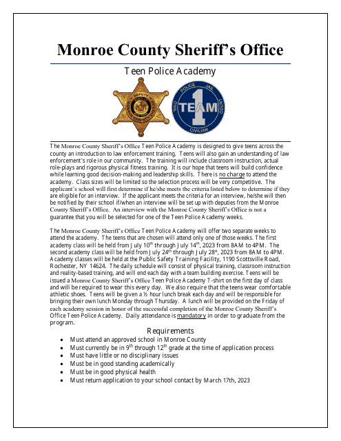 Teen Police Academy Application - Monroe County, New York, 2023