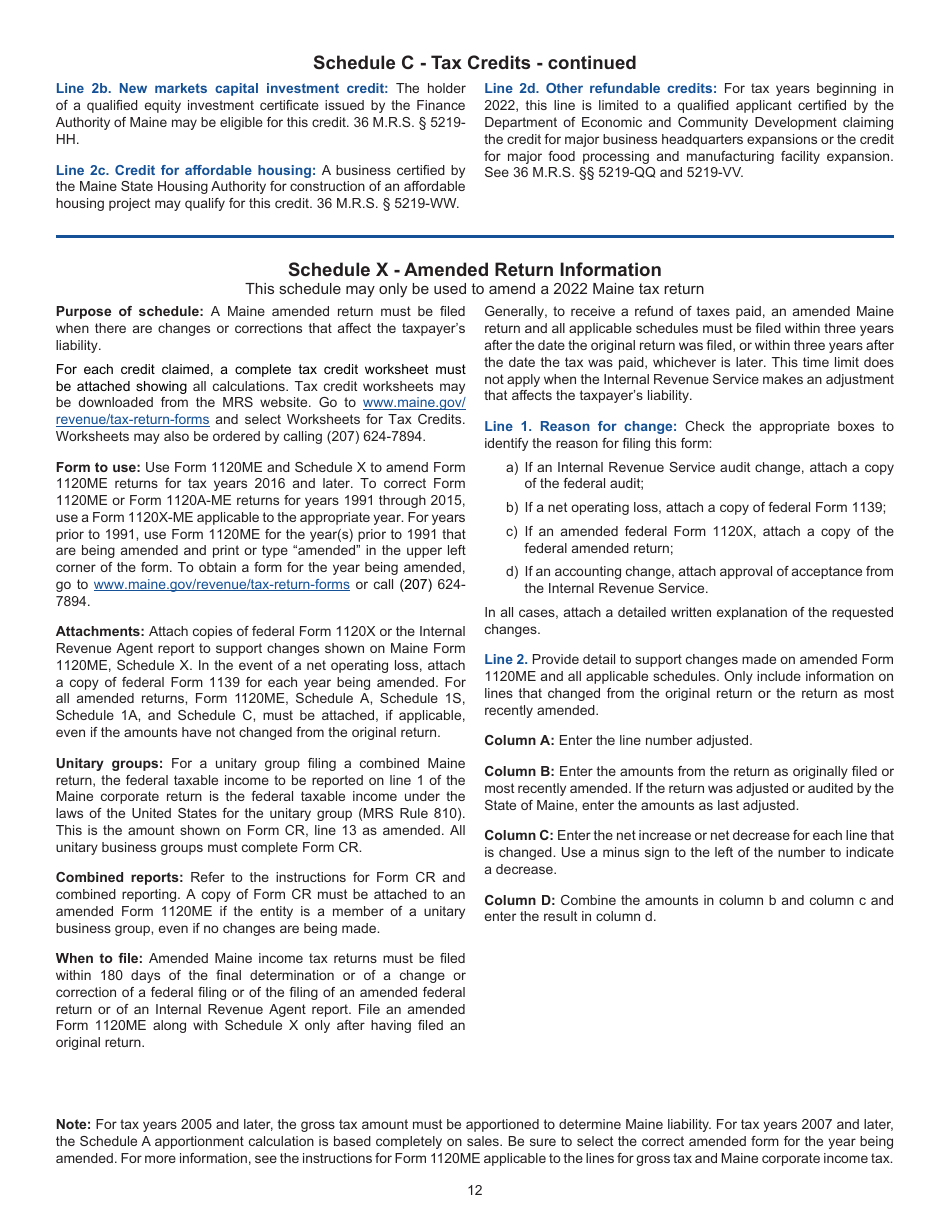 Instructions for Form 1120ME Maine Corporate Income Tax Return - Maine, Page 12