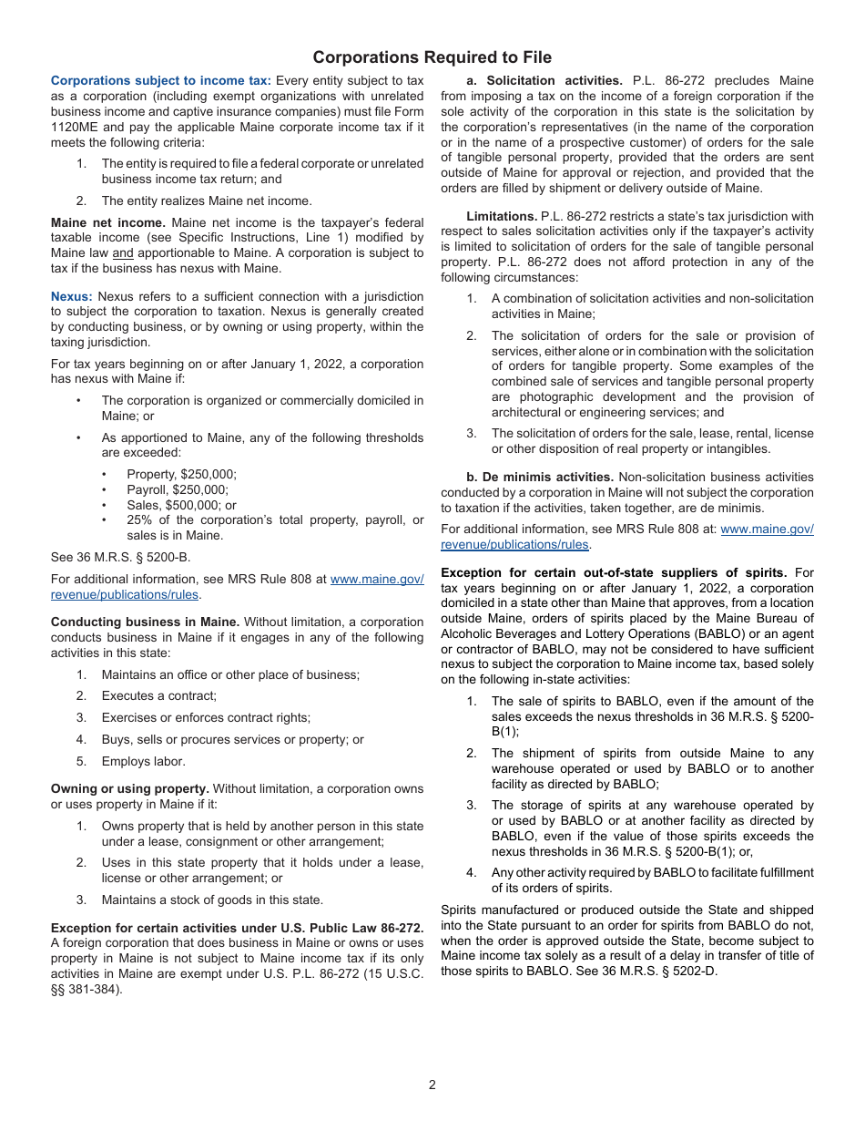 Instructions for Form 1120ME Maine Corporate Income Tax Return - Maine, Page 2