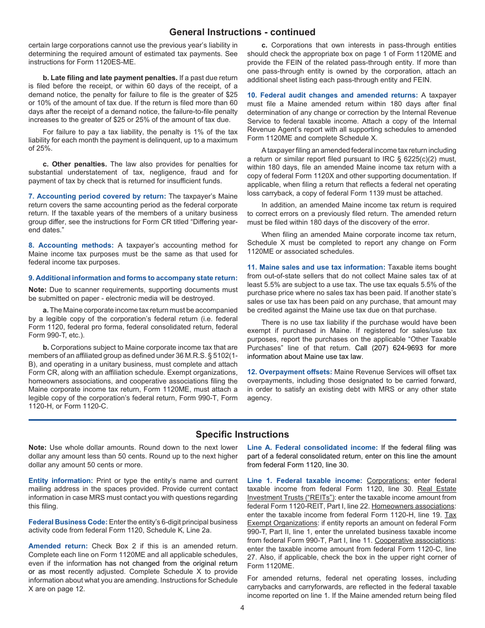 Instructions for Form 1120ME Maine Corporate Income Tax Return - Maine, Page 4