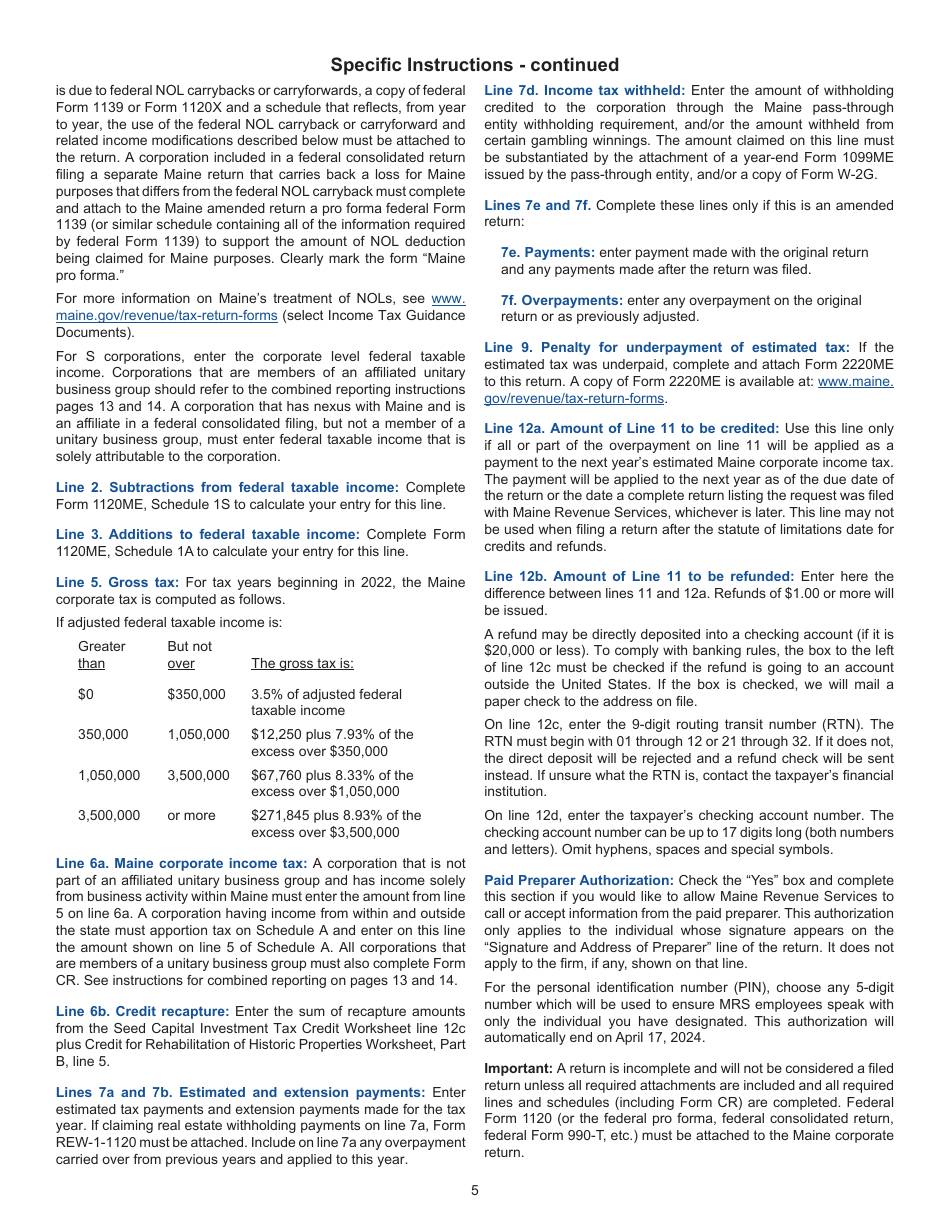 Instructions for Form 1120ME Maine Corporate Income Tax Return - Maine, Page 5