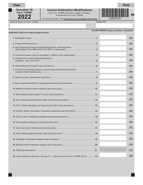 Form 1120ME Schedule 1S 2022 Printable Pdf